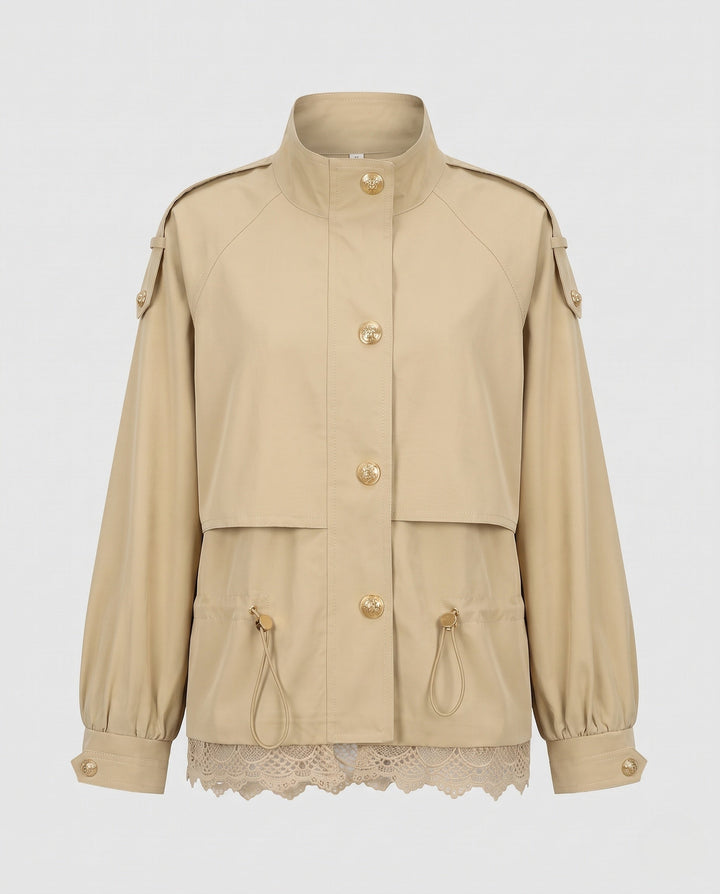 Women’s utility field jacket with drawstring, lace trim and stand-up collar