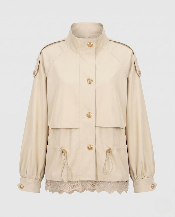 Women’s utility field jacket with drawstring, lace trim and stand-up collar
