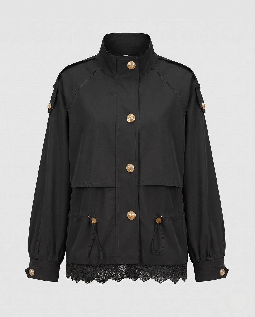 Women’s utility field jacket with drawstring, lace trim and stand-up collar