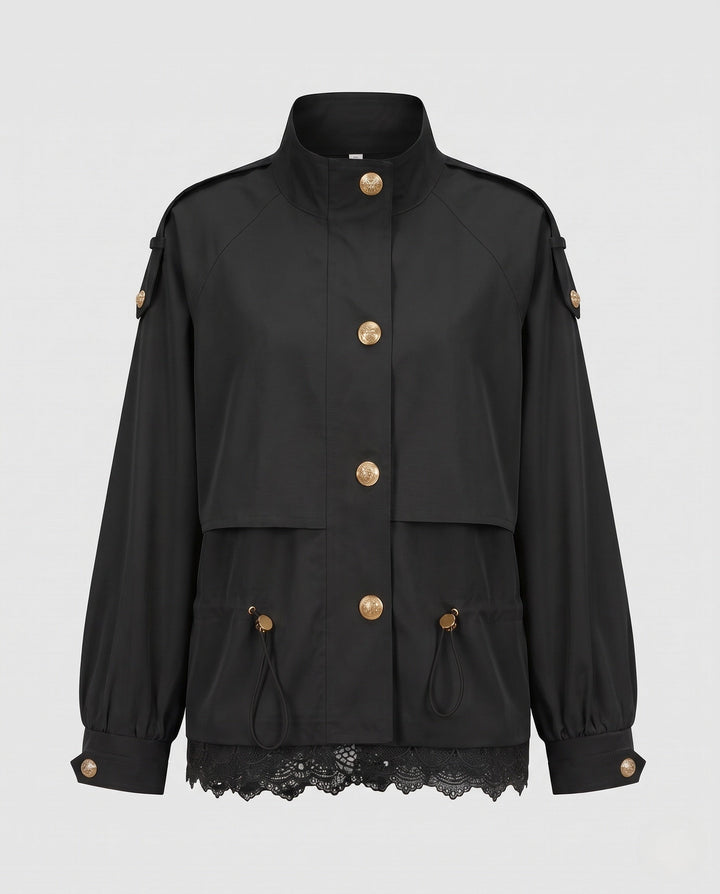 Women’s utility field jacket with drawstring, lace trim and stand-up collar