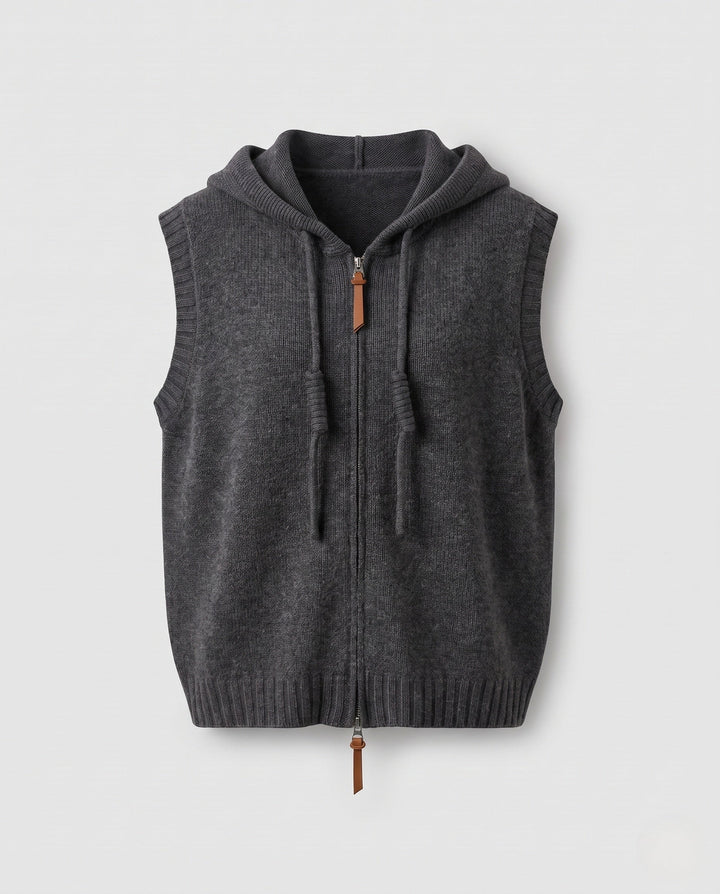 Ladies Sleeveless Hooded Knit Vest with Full Zip and Cashmere-like Softness