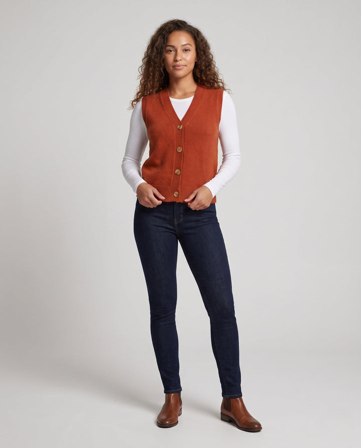 Women Sleeveless Wool Blend Knit Vest with V-Neck and Button Placket
