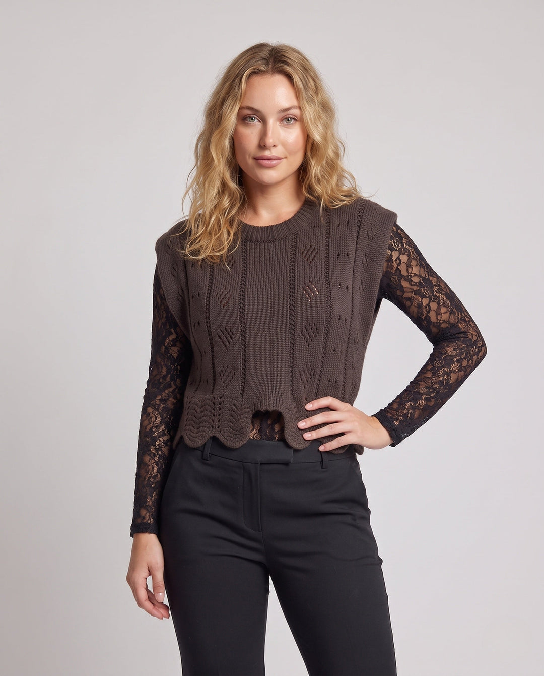 Ladies Knitted Lace Sleeveless Vest with Shell Hem