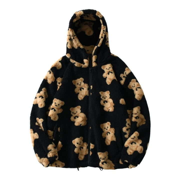 | Bear Teddy Print Plush Jacket Fluffy Hood Outerwear