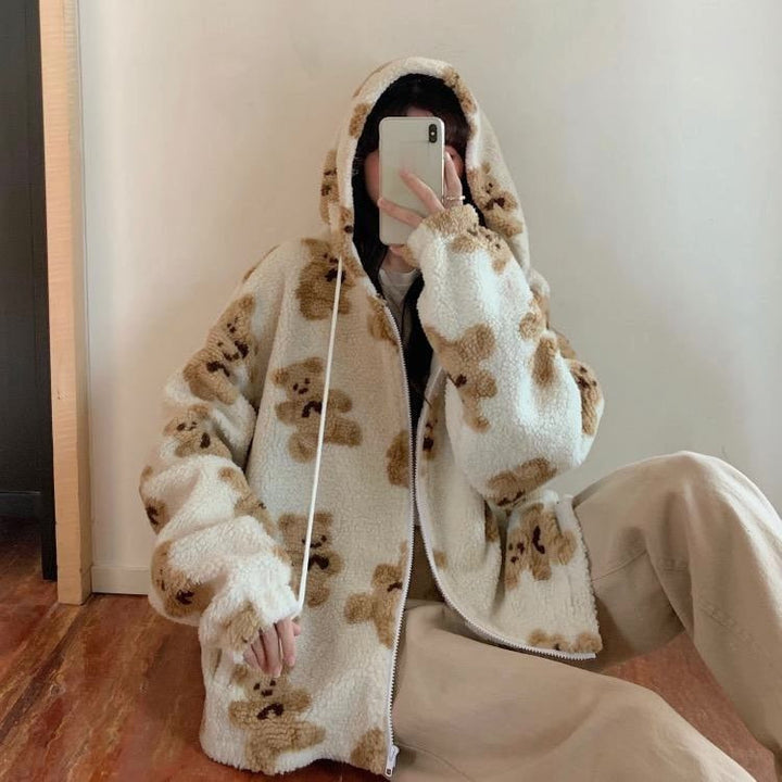 | Bear Teddy Print Plush Jacket Fluffy Hood Outerwear