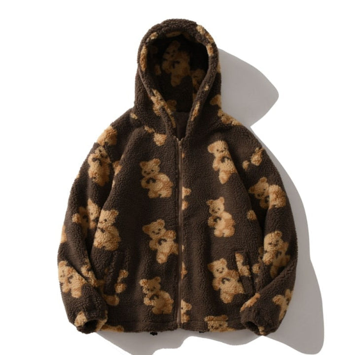 | Bear Teddy Print Plush Jacket Fluffy Hood Outerwear