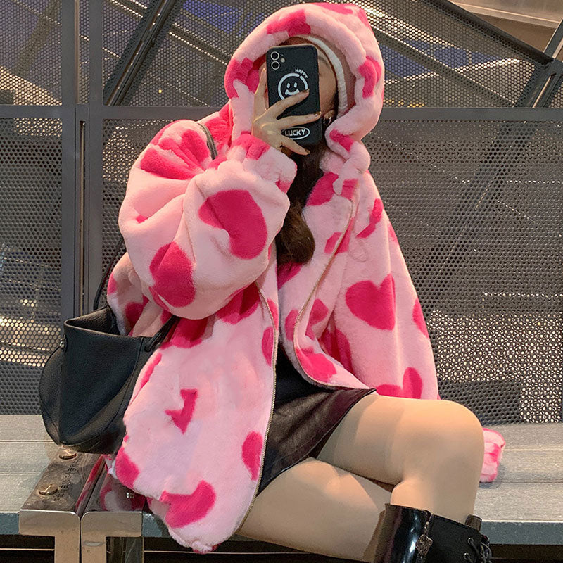 | Bear Teddy Print Plush Jacket Fluffy Hood Outerwear