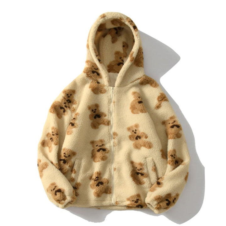 | Bear Teddy Print Plush Jacket Fluffy Hood Outerwear