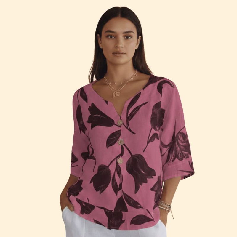 Women’s Blouse with Floral Print and V Neck