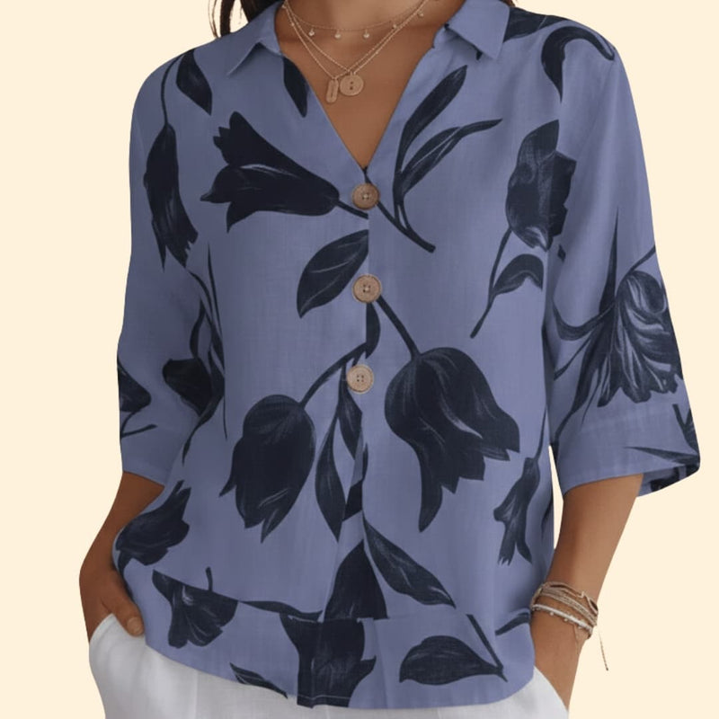 Women’s Blouse with Floral Print and V Neck