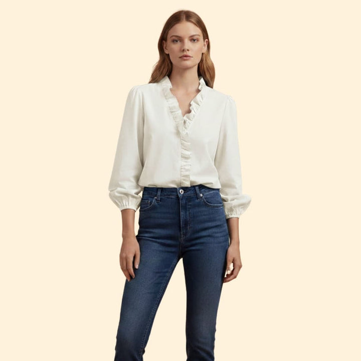 Women’s Blouse with Ruffle Trim and V Neck