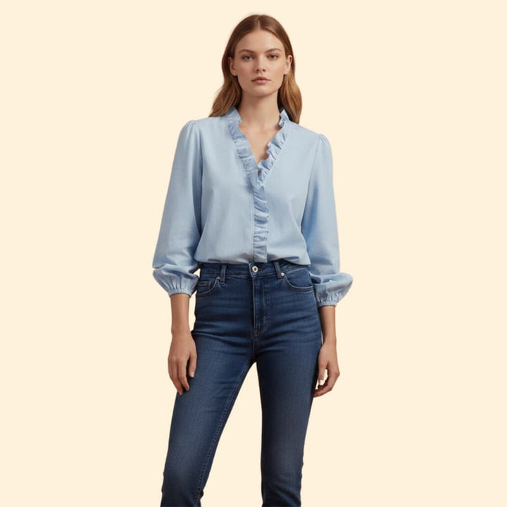 Women’s Blouse with Ruffle Trim and V Neck