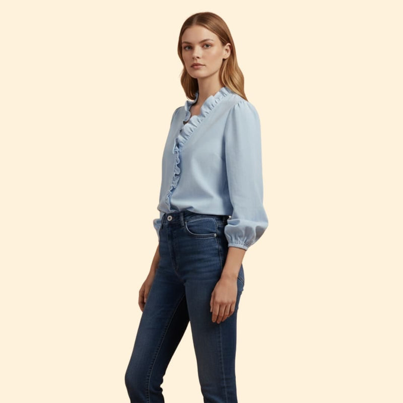 Women’s Blouse with Ruffle Trim and V Neck