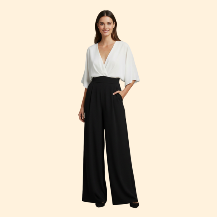 Women’s V-Neck Jumpsuit with Wide Leg Pants