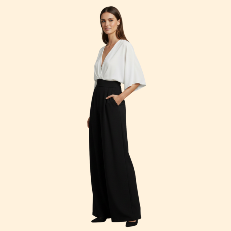 Women’s V-Neck Jumpsuit with Wide Leg Pants