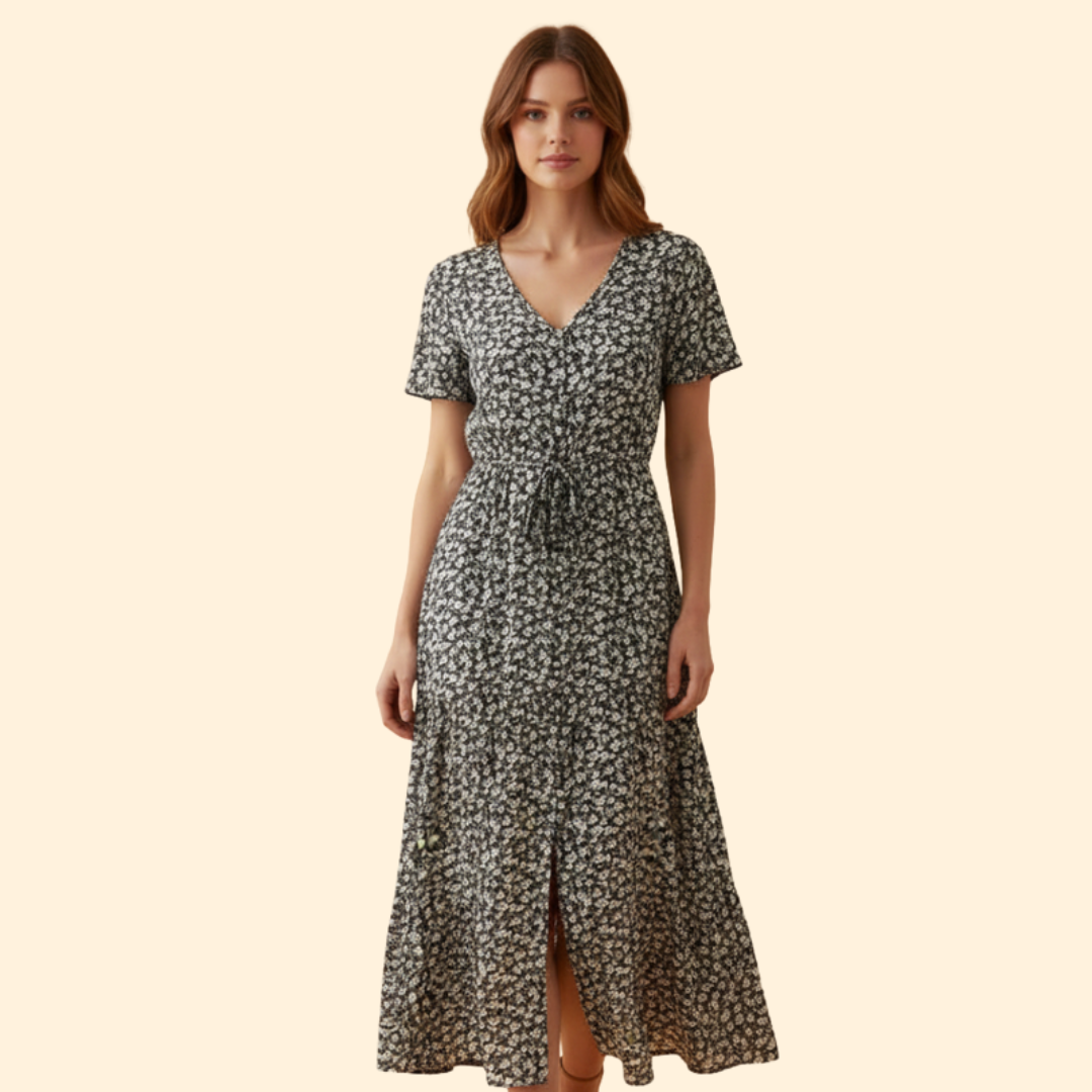 Summer Maxi Dress with V-Neck and Drawstring