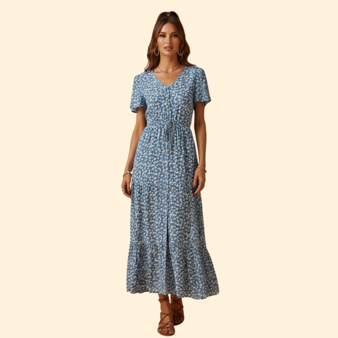 Summer Maxi Dress with V-Neck and Drawstring