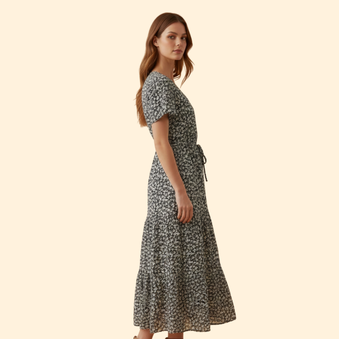 Summer Maxi Dress with V-Neck and Drawstring