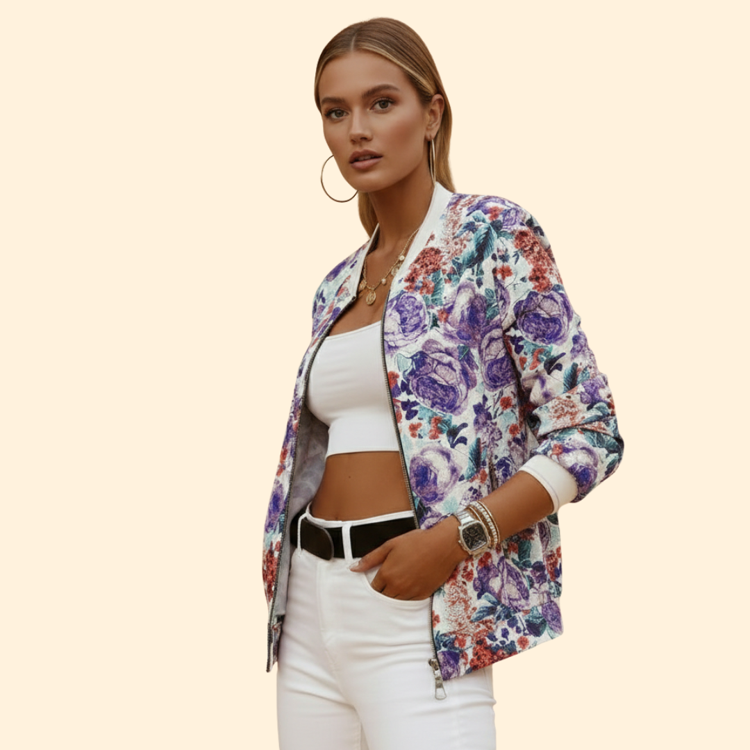 Women’s Fashion Bomber Jacket with Floral Print Design