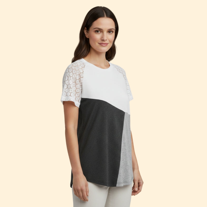 Women’s T-Shirt with Lace Sleeves and Color Block Design