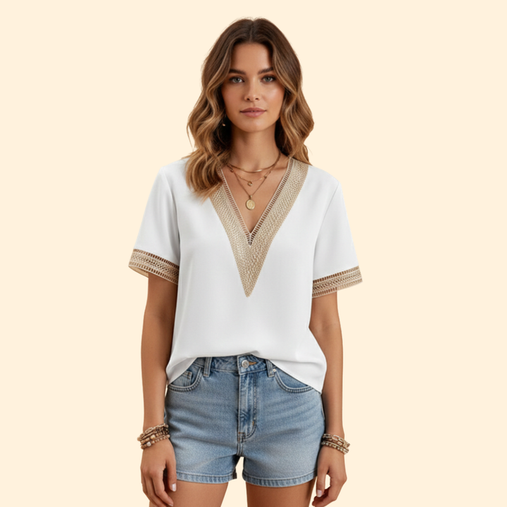 Women’s V-Neck Blouse with Lace Details