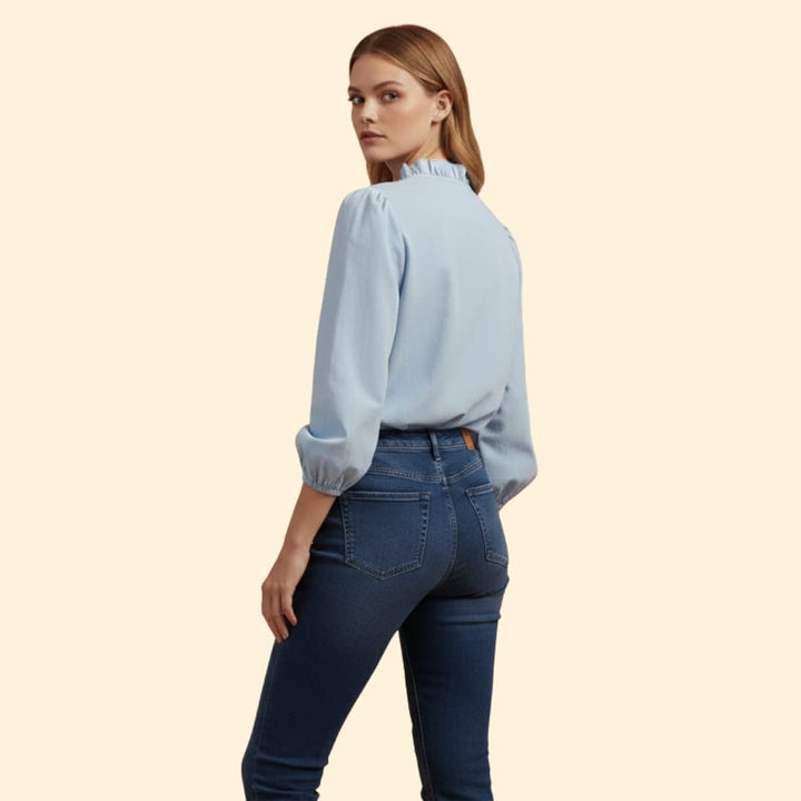 Women’s V-neck Blouse with Ruffled Front Detail
