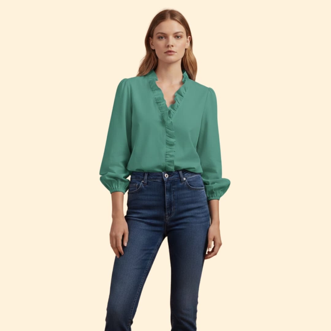 Women’s V-neck Blouse with Ruffled Front Detail