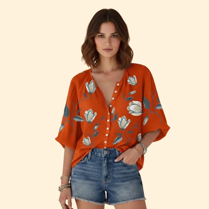 Women’s V-neck Floral Blouse with Button Front