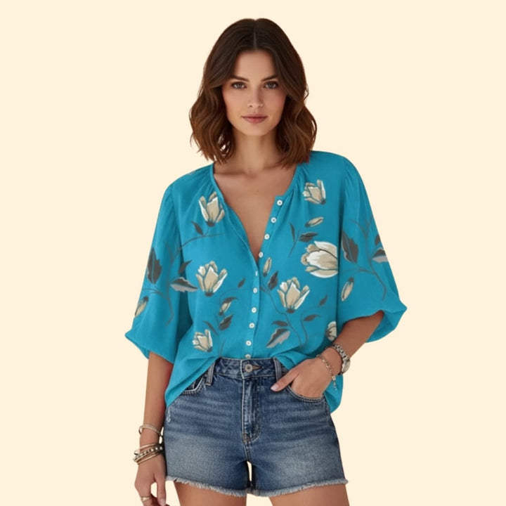 Women’s V-neck Floral Blouse with Button Front