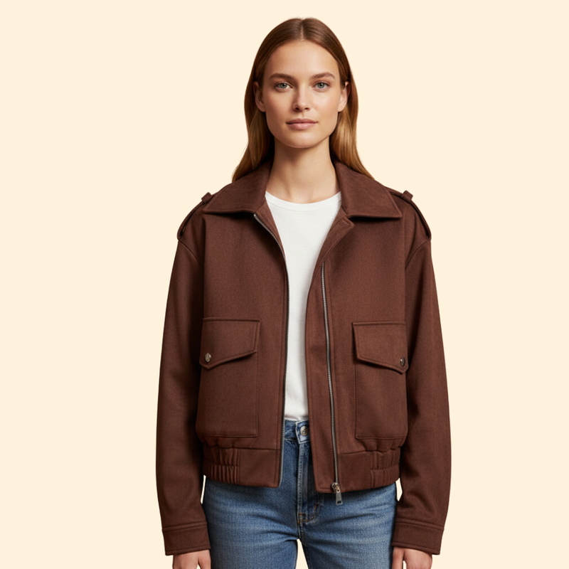 Women's Suede Bomber Jacket with Zipper Pockets