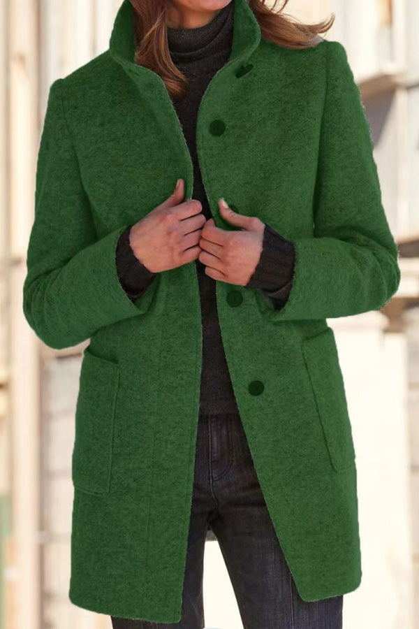 Smooth color button collar wool jacket