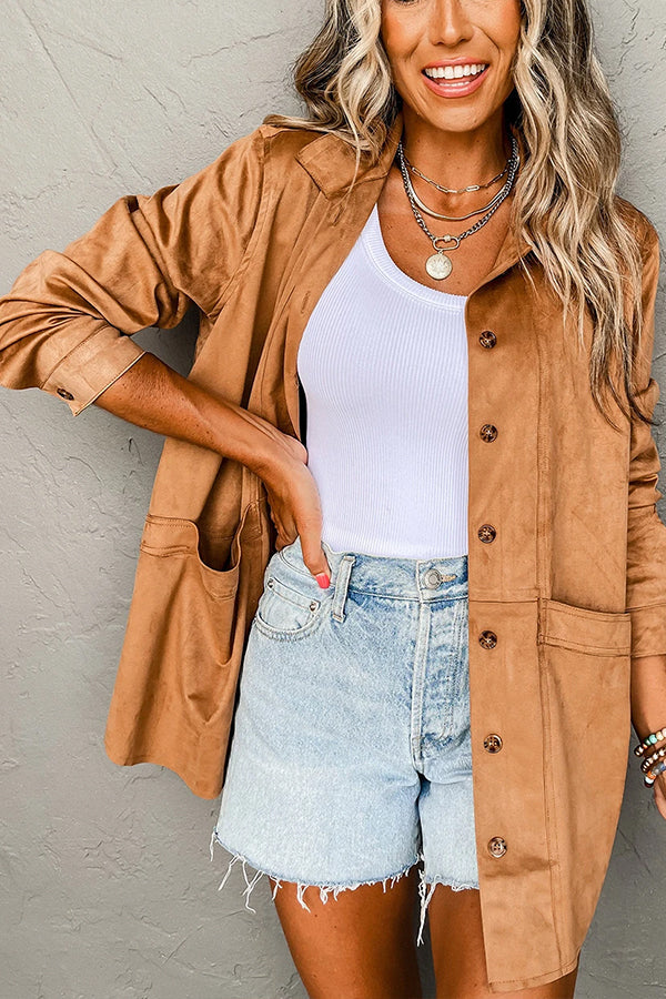 Faux suede casual jacket with pockets and placket button