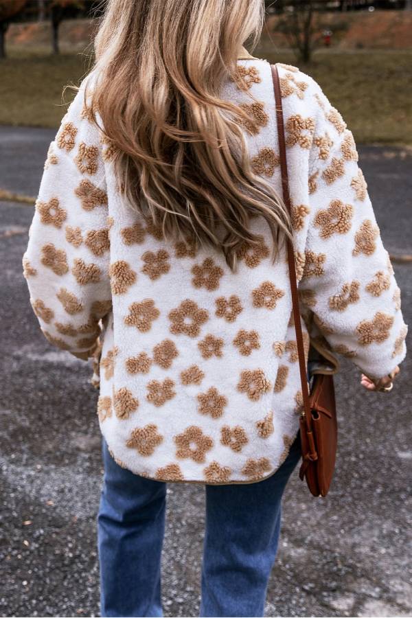 French Beige Sweet Floral pattern placket button jacket fleece