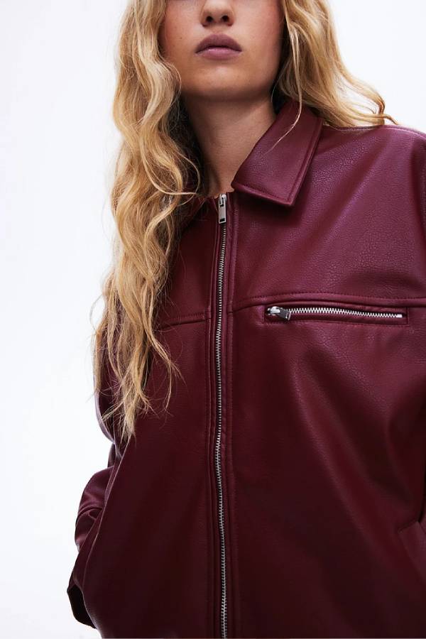 Revers long sleeve pocket zip leather jacket