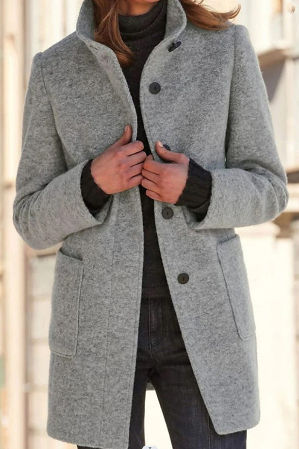 Smooth color button collar wool jacket