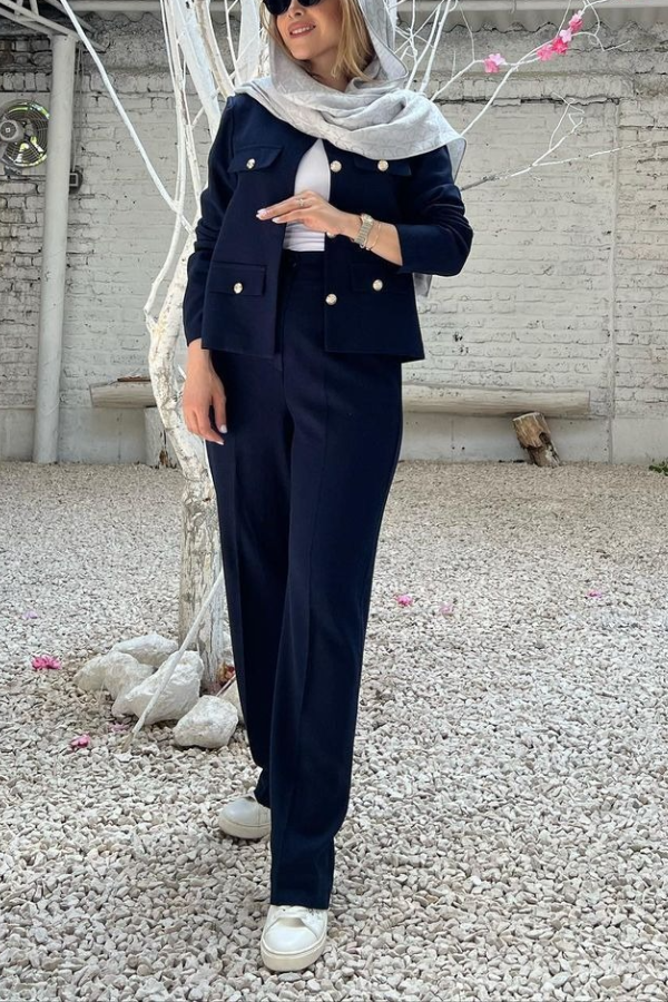 Neck smooth color Swgle-Breasted jacket