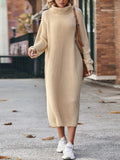 Woman in a long turtleneck sweater dress