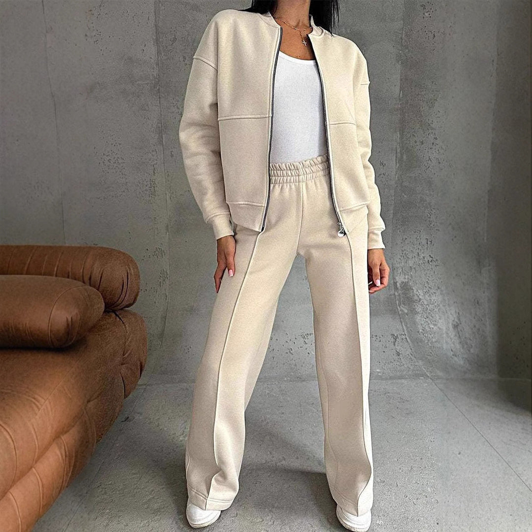 Woman in a zip jacket and wide-leg pants set