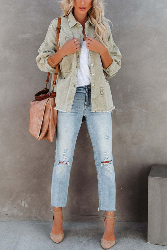 Revers long sleeve Ripped denim jacket